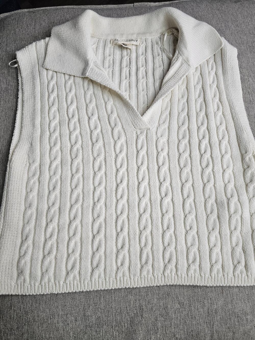 happily grey cream cable knit collared sweater vest